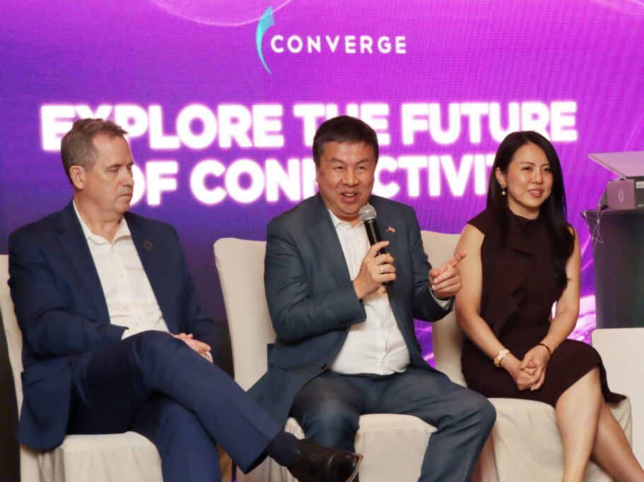 Left to right, Ribbon Communications CEO Bruce McClelland, Converge ICT co-founder Dennis Anthony Uy, and Converge Singapore managing director Sherie Ng answer questions from the press./Contributed Photo