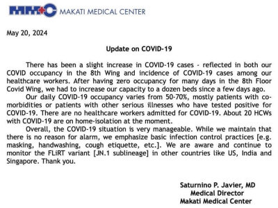 Makati Medical Center COVID-19 advisory on May 20, 2024. (Contributed)