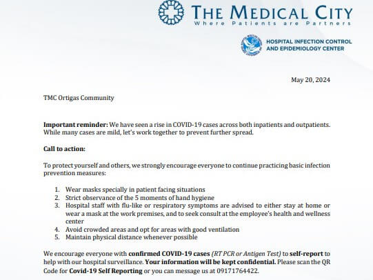 ​The Medical City advisory on COVID-19 cases on May 20, 2024. (Contributed) 