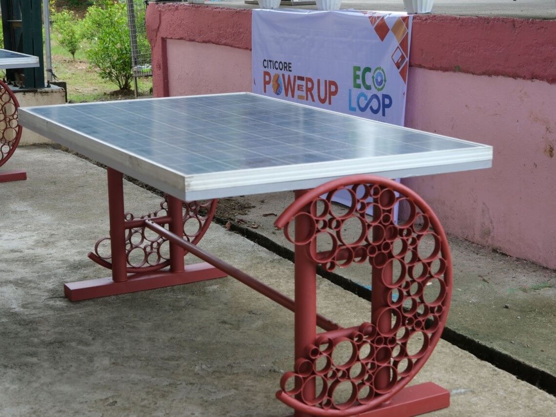Citicore&rsquo;s EcoLoop project turned 20 decommissioned solar panels into 14 tables donated to Pasong Bangkal Elementary School in San Ildefonso, Bulacan. CREC partnered with KamayManos Art and Design Co., to create the tables with 100% upcycled materials.| Contributed photo