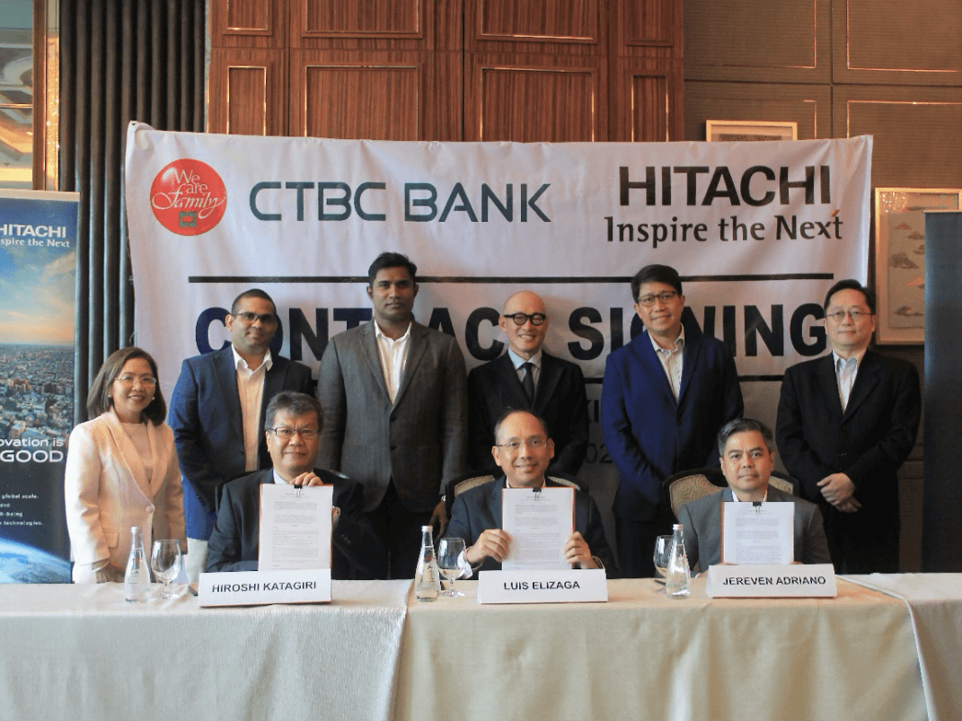 From left, seated – Hiroshi Katagiri, former GM, Hitachi Asia Ltd. Philippines; Luis Elizaga, president and CEO, CTBC Bank Philippines; Jereven Adriano, SVP & Head, Information Technology Group, CTBC Bank; From left, standing – Lourdes Yap, Senior Director, Sales & Marketing, Hitachi Asia Ltd. Philippines, Sandaruwan DeSilva, COO, Hitachi Digital Payment Solutions Philippines Inc., Raveen Vedarshana, CEO, Megalink, Inc., Yoichi Isoda, CEO, Hitachi Digital Payment Solutions Philippines Inc., Oliver Jimeno, senior adviser to the board chair, Arthur Wang, Deputy CEO, CTBC Bank./Contributed photo
