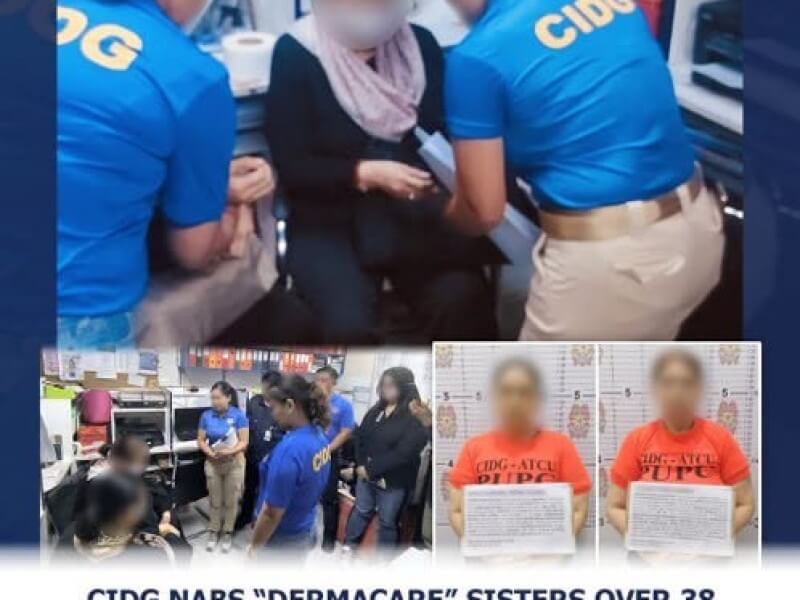 Dermacare owner Chanda P. Atienza and admin and finance manager Venus Eunizel P. Gonda are arrested at the Ninoy Aquino International Airport on Sept. 5 after arriving from Malaysia. The sisters face 38 arrest warrants involving syndicated estafa, alleged securities violations, bouncing checks and swindling/ Photo from CIDG Facebook page