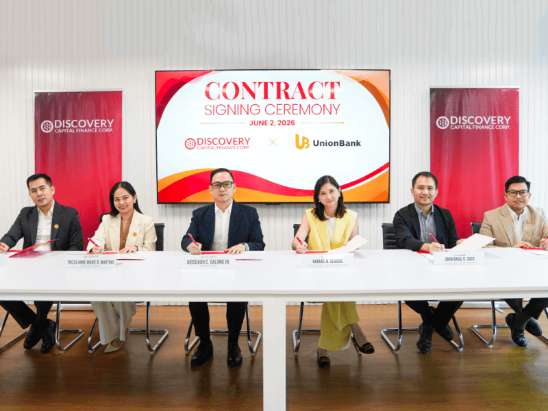 Discovery Capital Finance Corp. and UnionBank executives formally sign a strategic credit facility agreement aimed at expanding SME financing and advancing financial inclusion nationwide. From left: Engr. Allan L. Yumul, CTO; Trizza AnneMarie D. Martino, CFO; Diosdado C. Salang Jr., president & CEO of Discovery Capital Finance Corp.; Raquel N. Sevidal, EVP and center head &ndash; commercial banking center; and John Basil O. Sace, VP and group head &ndash; commercial banking 7 of UnionBank. | Contributed photo