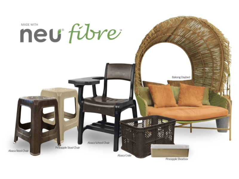 Sample products made using abaca-based composite materials developed by D&L, showing how natural fibers can be integrated into everyday plastic applications.