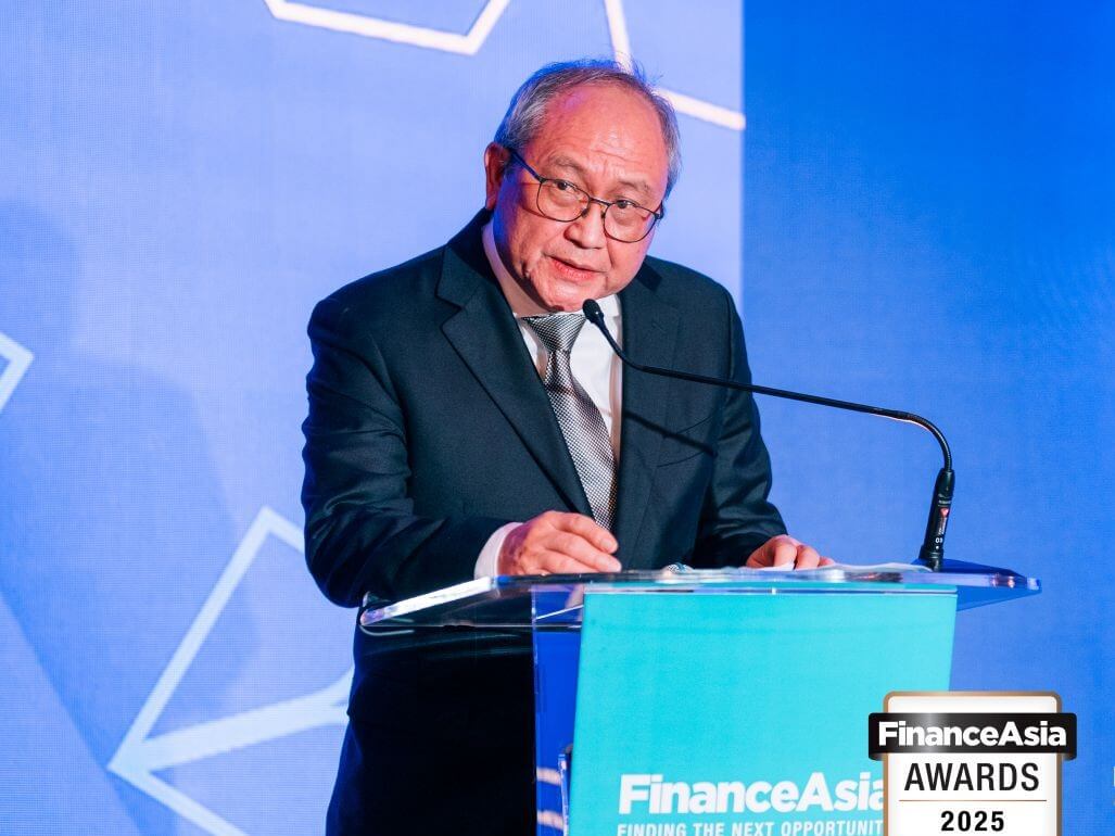 DMCI president Jorge A. Consunji delivers his acceptance speech at the 2025 FinanceAsia Awards Gala./ Contributed photo