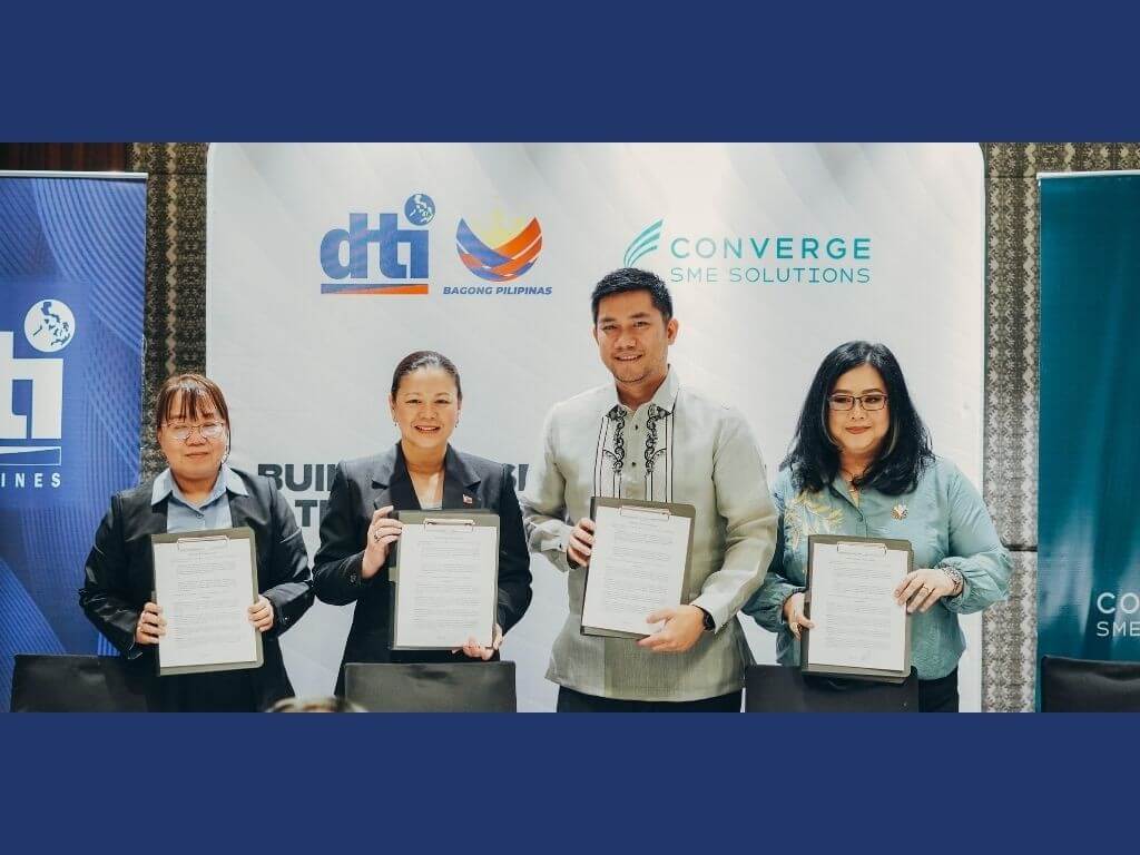  From left: Lawyer Ma. Theresa Faustino, OIC director DTI-Bureau of Policy Research and Innovation, Assistant Secretary Nylah Rizza Baustista, supervising head DTI-Competitiveness and Innovation Group, Dindo Marzan, senior vice president and head of Converge SME Group and Angela Gutierrez, vice president and head of Converge SME Marketing.| Contributed photo