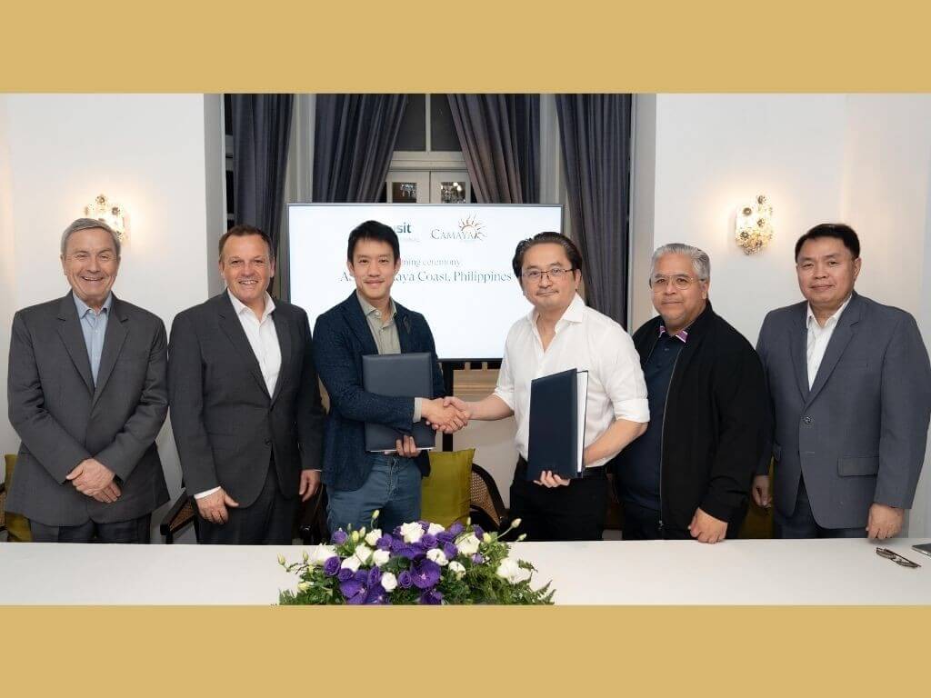 The signing ceremony for ASAI Camaya Coast was held recently at Baan Dusit Thani, Bangkok. From left: Detlef Skrobanek, group director of technical services, Dusit International; Gilles Cretallaz, COO, Dusit International; Siradej Donavanik, VP – development (Global), Dusit International; Manuel Carlos L. Ilagan Jr., president, Earth & Shore Leisure Communities Corp.;  Luis Carmelo H. Valenzuela, VP of Finance, Camaya Coast; and Ronel C. Sunga, strategic business unit head – Hotels, Camaya Coast.| ​Contributed photo