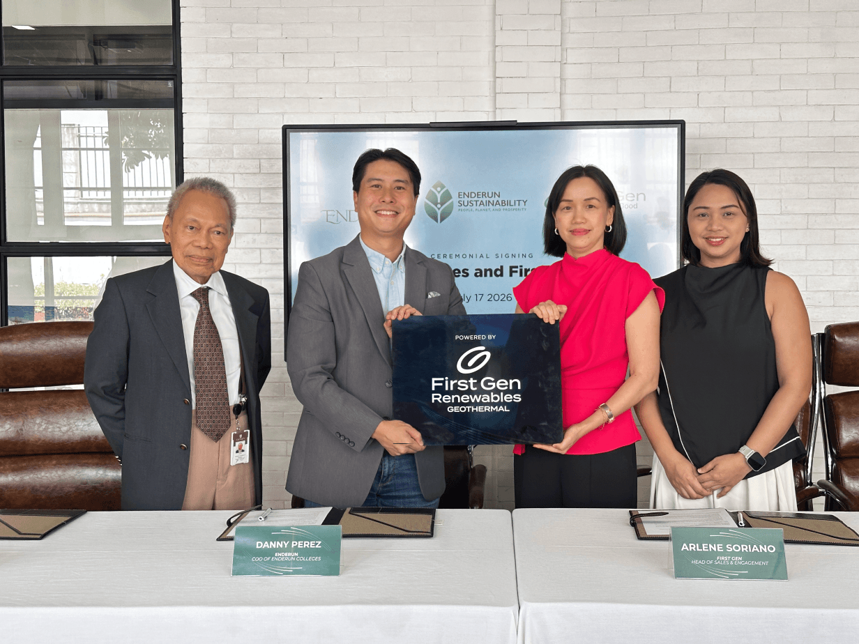 Enderun Colleges completes the transition of its campus to renewable energy, in partnership with the First Gen group. The ceremonial signing was led by (from left) Enderun president Jun Salipsip and COO Danny Perez, with First Gen head of sales and engagement Arlene Soriano and lead customer progress partner Maych Soriano. | Contributed photo