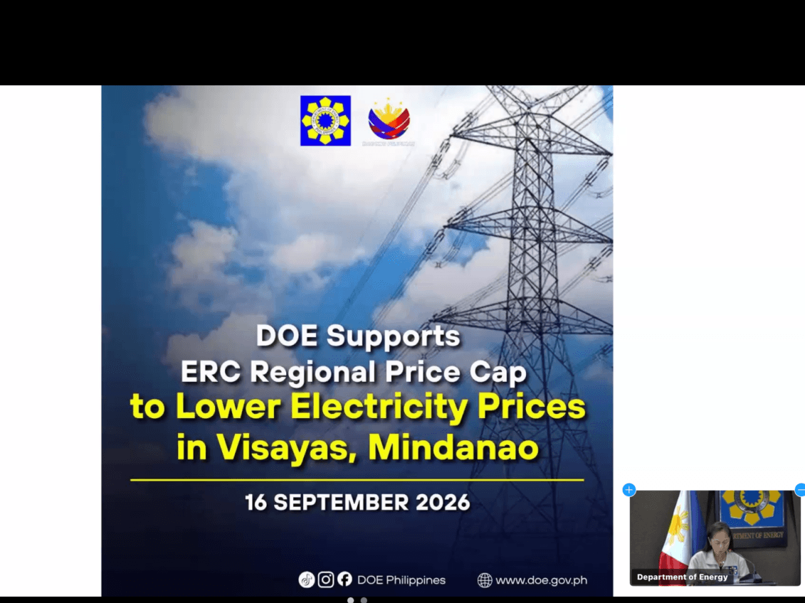 Energy Secretary Sharon Garin welcomes the Energy Regulatory Commission&rsquo;s imposition of regional price caps in the Visayas and Mindanao amid high electricity prices caused by tight power supply. Garin discusses the measure during an online news conference. | Screenshot from the Zoom meeting