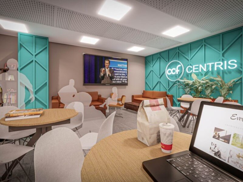 Artist rendering shows the lounge area of CCF Centris, designed as flexible spaces for meetings, fellowship and other community activities. | Contributed photos
