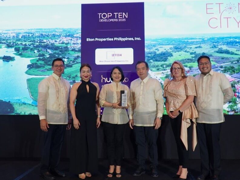  Eton Properties chief operating officer Architect Adrian T. Chua (3rd from right) and chief finance and risk officer Che C. Mutuc (4th from right) accepted the Top 10 Developers 2025 award at the prestigious Hubexo Asia Awards Philippines, recognizing the company’s excellence and innovation in real estate development. | Contributed photo