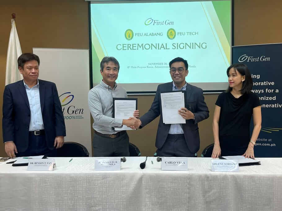 The supply agreement was signed by (from left) FEU senior executive director Dr. Benson Tan, FEU President Juan Miguel Montinola, First Gen head of power marketing, trading and economics Carlo Vega, and First Gen head of power sales and marketing Arlene Soriano./ Photo from First Gen