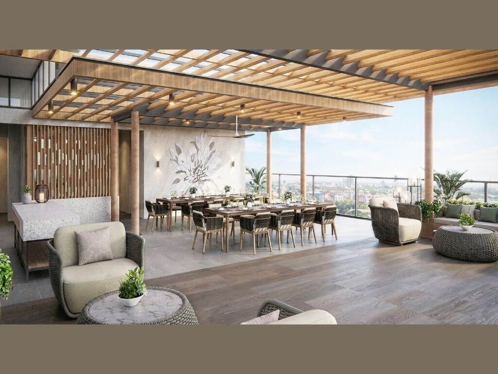 Artist&rsquo;s perspective of the Sky Lounge at Botanika, envisioned as an elevated retreat for residents to gather, unwind, and take in panoramic views. Common Areas Interior Design by Miaja Design Group. | Contributed photo