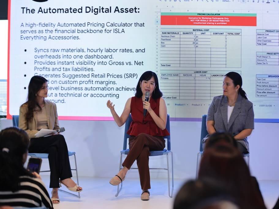 Princess Alvarez (center) breaks down the features of her automated pricing calculator. She explained that this Gemini-powered spreadsheet serves as the financial backbone for ISLA Everything Accessories and provides her with real-time visibility into her profits. | Contributed photo