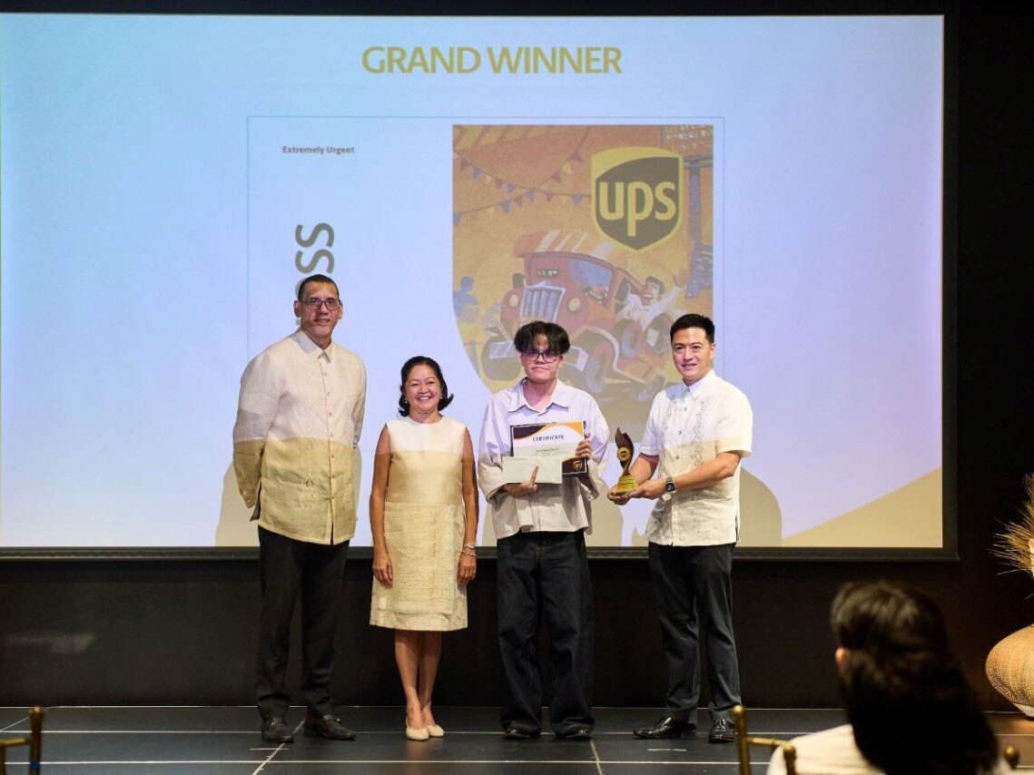 From left: UPS Philippines managing director Russell Reed, First Lady Liza Araneta-Marcos, grand prize winner Lauren Kerby Obaldo, and Delgado Brothers Group president and CEO Jose Paolo Delgado during the UPS Express Envelope Design Competition awarding ceremony at Ayala Museum. | Contributed photo