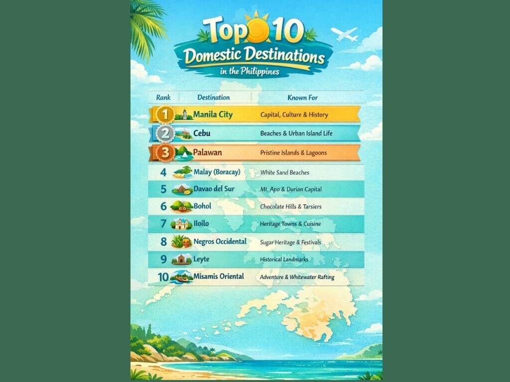 The domestic destinations that are most popular among Filipino travelers include Manila, Cebu, Palawan, Malay (Boracay) and Davao del Sur.