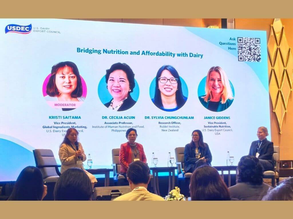 From left: Kristi Saitama, MS, vice president, Global Ingredients Marketing US Dairy Export Council; Dr. Cecilia Cristina Santos-Acuin, MD, Ph.D., Associate Professor, Institute of Human Nutrition and Food, Philippines; Dr. Sylvia Chungchunlam, Research Officer, Riddet Institute of New Zealand and Janice Giddens, vice president, Sustainable Nutrition USDEC | Photo by Vanessa Hidalgo