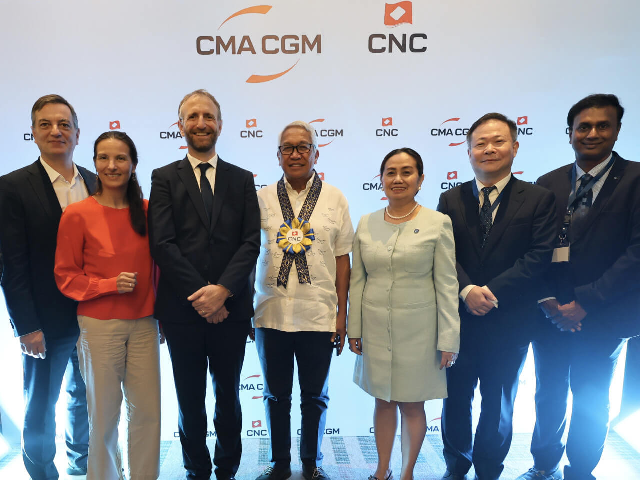 Present at the launch were (L-R) Alain Fontanel (Economic Counsellor, French Embassy); Marie Fontanel (Ambassador, French Embassy); Bo Wegener (CEO, CMA CGM Asia Pacific); Elmer Sarmiento (Undersecretary for Maritime, Department of Transportation); Sonia Malaluan (Administrator, MARINA); Steven Zhu (CEO, CNC); Sivakumar Thigambaranath (managing director, CMA CGM Philippines)/Contributed photo