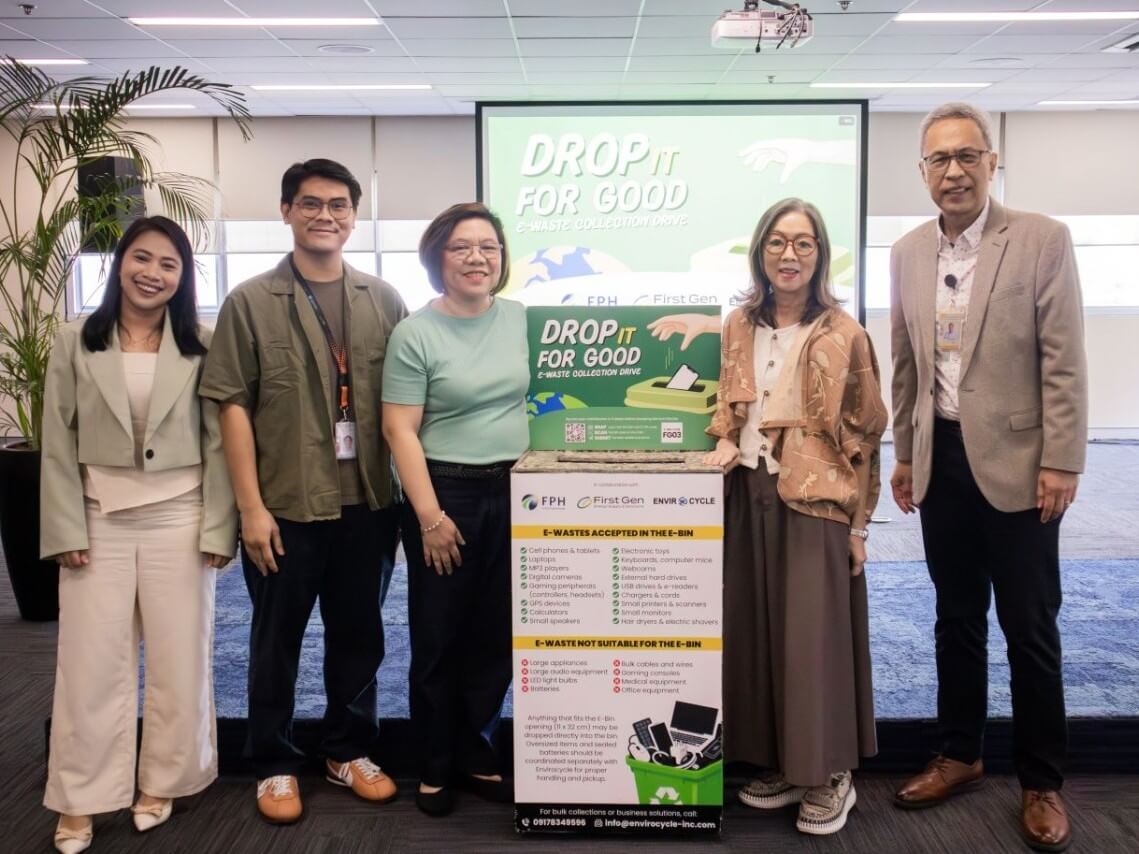 First Gen vice president Shirley Cruz (third from left) and Lopez Group Foundation executive director Mercedes Lopez-Vargas (fourth from left) led the launch of the Lopez Group-wide &ldquo;Drop IT for Good&rdquo; e-waste &nbsp;collection campaign on June 4, 2026 at First Gen&rsquo;s headquarters in Pasig City. Also present were (from left) HMR Envirocycle commercial and sustainability engineer Wilssie Sanchez, EDC environmental compliance and assurance analyst Emmanuel Cruz, &nbsp;and Oscar M. Lopez Center and concurrent lead of the Lopez Group&rsquo;s environment cluster Dr. Rodel Lasco.| Contributed photo