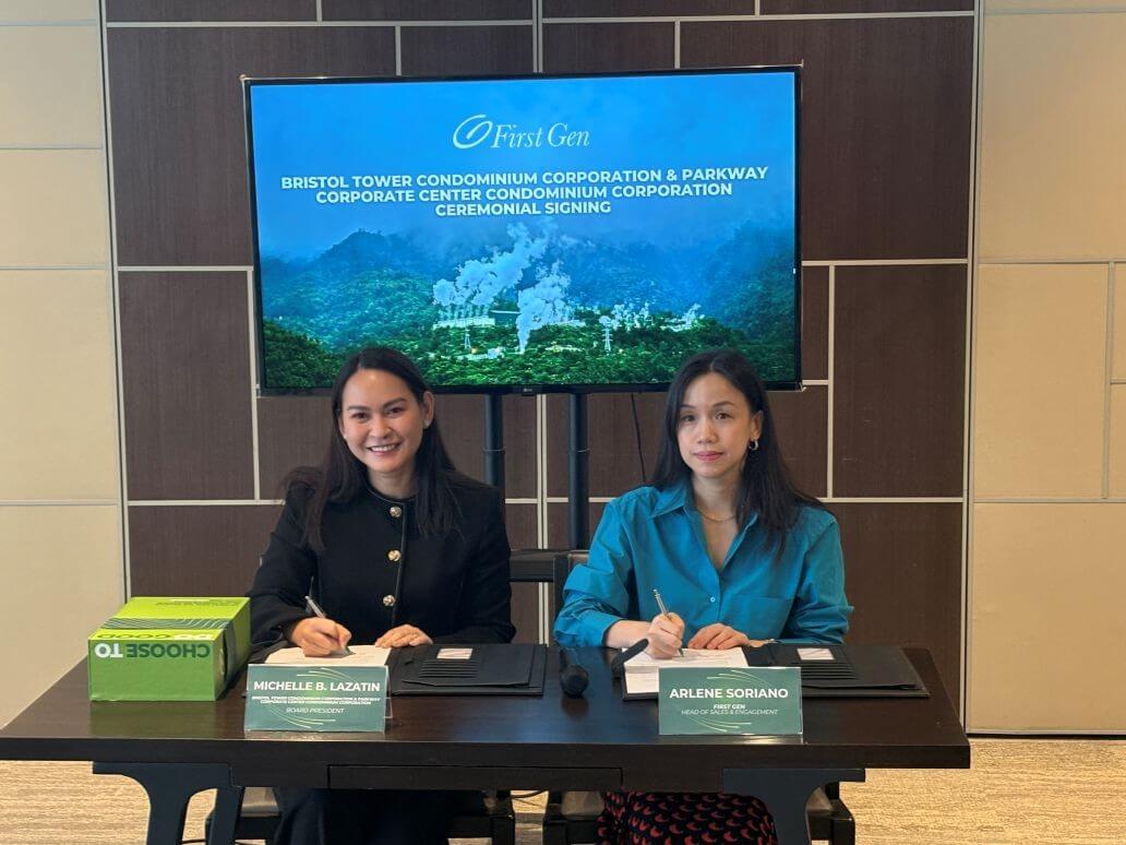The supply agreements were signed by officials from both properties and First Gen, led by (left) Michelle Lazatin, Board president of Parkway Corporate Center Condominium Corp. and Bristol Tower Condominium Corp. and First Gen head of sales and engagement Arlene Sy Soriano. | Contributed photo