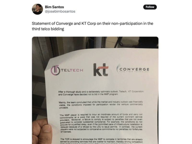 Converge, in partnership with South Korea’s KT and TelTech, once joined the 2018 race for the country’s third telco slot before backing out over viability concerns./Screenshot of post on X (formerly Twitter) by former TV5 business journalist Jose Bimbo Santos 
