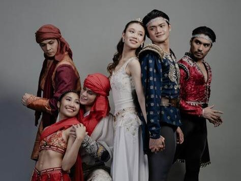 The cast of Florante at Laura from left: Mark Sumaylo as Sultan Ali Adab, Stephanie Santiago as Flerida, Noah Esplana as Aladin, Abigail Oliveiro as Laura, Joshua Enciso as Florante and Romeo Peralta as Adolfo | ​Photo from Ballet Manila