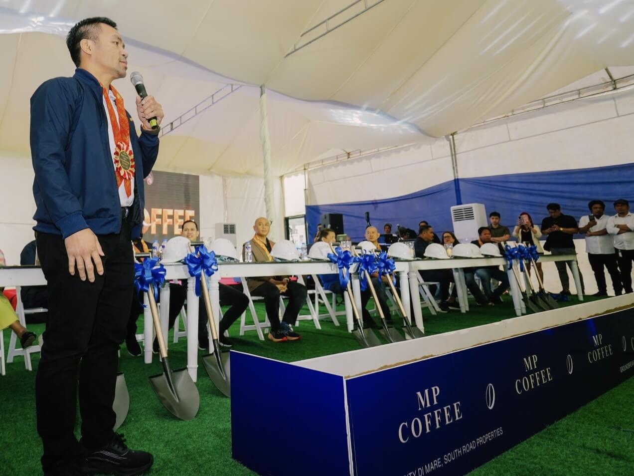 Former Sen. Manny Pacquiao speaks during the groundbreaking ceremony for the MP Coffee flagship store at City di Mare in Cebu City's South Road Properties (SRP).| Contributed photo