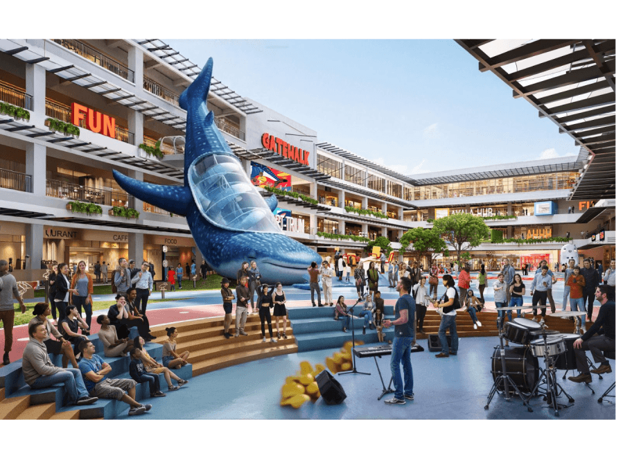 Artist's rendering of the central outdoor courtyard featuring a whale shark-shaped slide that will take guests from the fourth floor to the ground floor.| Contributed photo