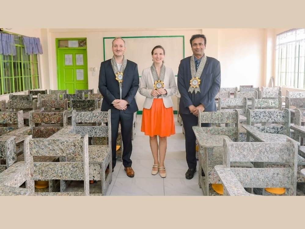 CMA CGM, in partnership with The Plaf, hosted a donation ceremony of school chairs at Marcelo Green High School in Para&ntilde;aque. From left: Fran&ccedil;ois Lesage, CEO of The Plaf, Marie Fontanel, Ambassador of France to the Philippines, Sivakumar T., general manager of CMA CGM Philippines. | Contributed photo