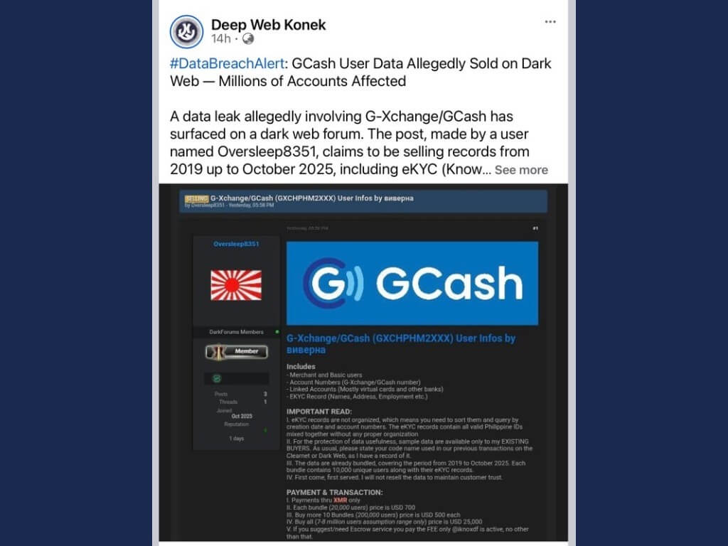 The initial report about allegedly compromised GCash users’ data was posted Sunday evening on social media./Screen grab from Deep Web Konek’s Facebook page.