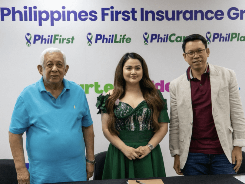 PhilLife and PhilCare chair Atty. Monico “Nick” Jacob (left) and Philippines First Insurance Group (PFI Group) President and CEO Jaeger L. Tanco (right) welcome new PFI Group Brand Advocate Dianne Medina (center) during the partnership signing at the PFI Group Makati headquarters./Photo from Philippines First Insurance Group 