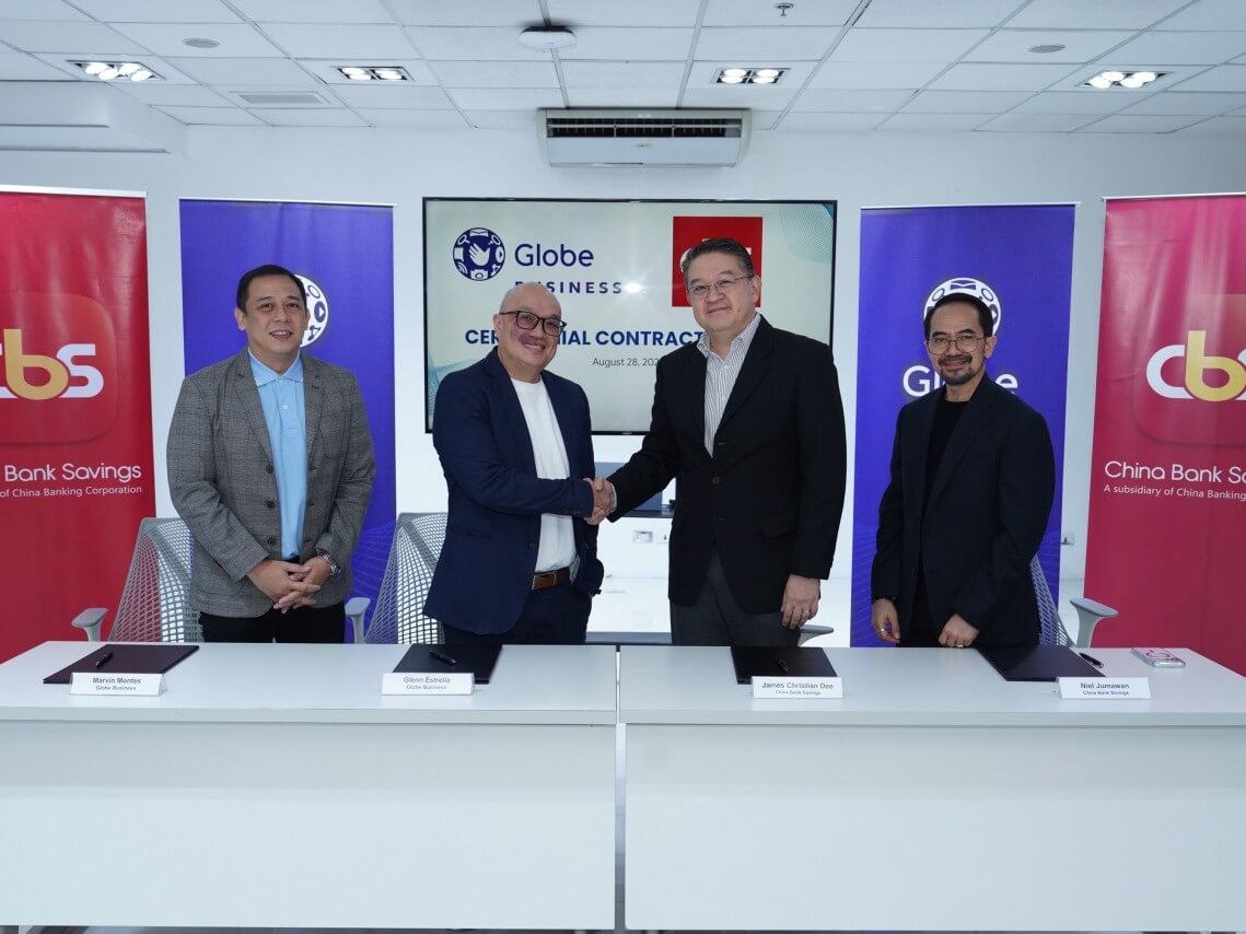 Globe Business direct sales head Marvin Montes, Globe Business vice president Glenn Estrella, Chinabank Savings president James Christian T. Dee, Chinabank Savings first vice president and &nbsp;APD Group head Niel C. Jumawan seal the partnership that equips CBS field teams with secure mobile tools to streamline financial services for public school educators nationwide.| Contributed photo