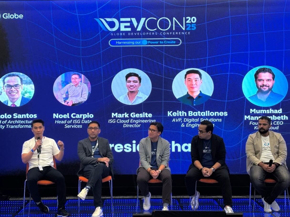 L-R: Globe AVP digital solutions and engineering Keith Batallones,  Globe ISG data services head Noel Carpio, Globe ISG cloud engineering director Mark Gesite, Globe architecture and quality transformation head Paolo Santos, and Mumshad Mannambeth, KodeKloud Founder and CEO. | Contributed photo