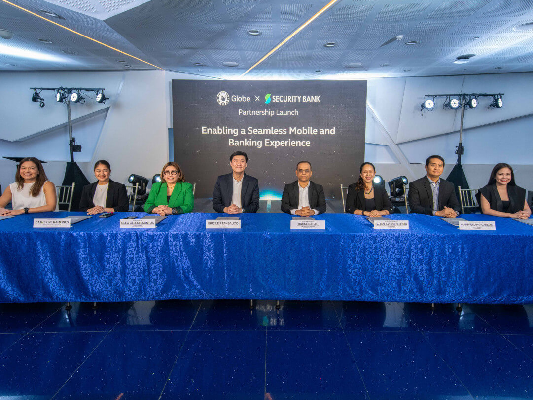 At the signing ceremony on Oct. 30, 2024 were (from left) Globe's Cynthia Mangahas, head of postpaid regional lifecycle management; Cathy Ramones, head of national trade marketing; Cleo Santos, VP, channel management group and Eric Tanbauco, VP for consumer mobile business with Security Bank's  Rahul Rasal, EVP and retail banking segment head; Dikky Lupisan, VP and partnerships head; Gian Panganiban, VP and acquisition head, and Maricar Filart, VP and product management & communications head./ Contributed photo