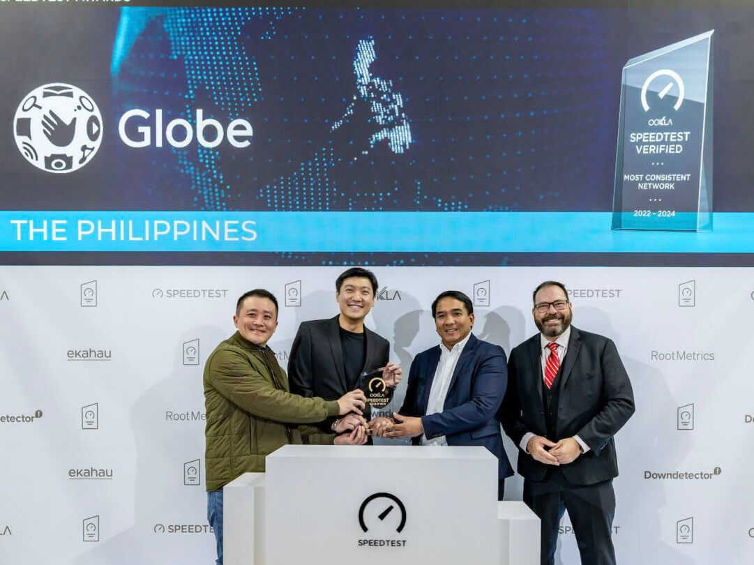 Gavin Wu, senior advisor, Globe mobile access planning and engineering; Eric Tanbauco, Globe’s head of consumer mobile business; Joel Agustin, Globe’s head of service planning and engineering; and Chip Strange, chief strategy officer of Ookla. / Photo courtesy of Ookla