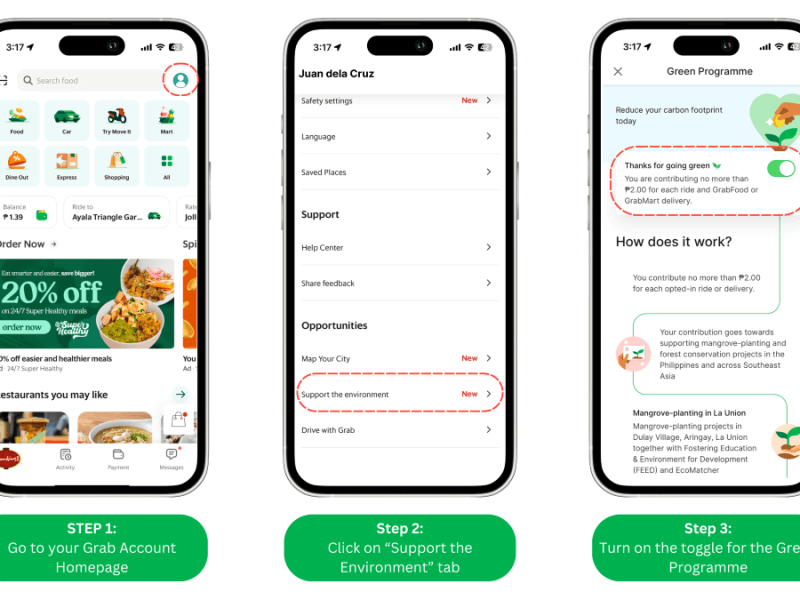 Passengers of Grab mobility services can also easily access the Green Programme Toggle in the three-dot overflow menu of their booking screen. Users can choose to opt out of the program anytime. /Contributed photo