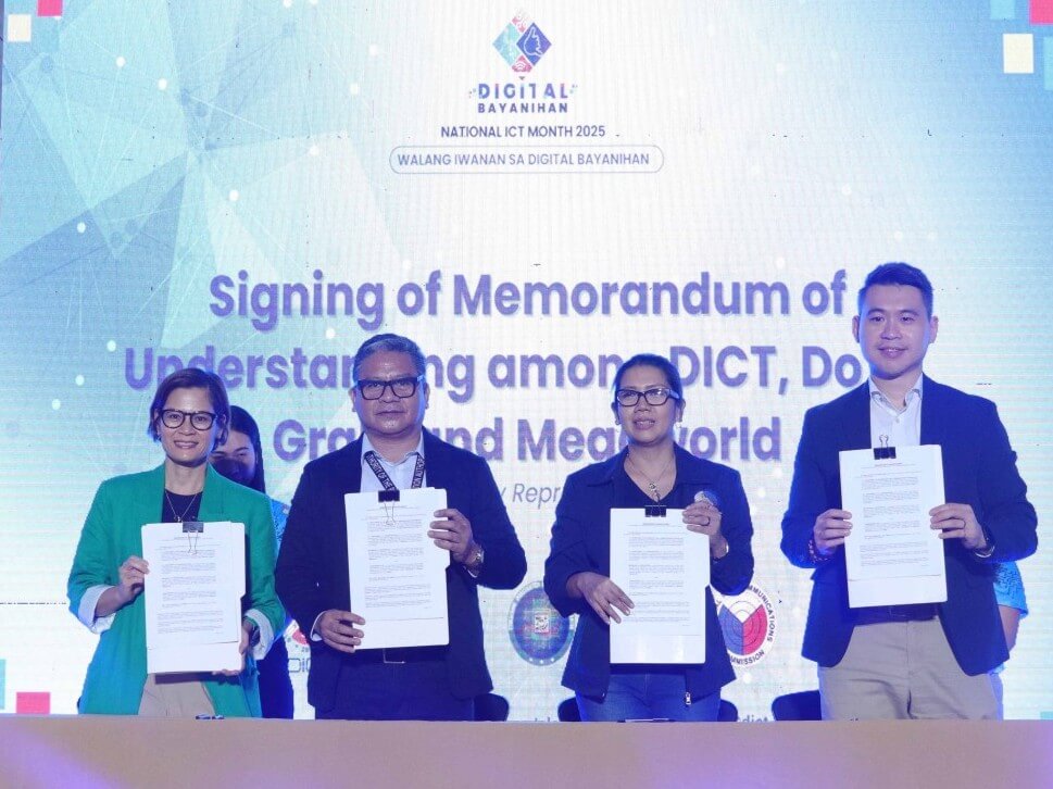 Officials from Grab, DOTR, DICT, and Megaworld signed a Memorandum of Agreement for a drone pilot study on commercial delivery in the Philippines. (From left)  Booey Bonifacio, Grab Philippines chief corporate affairs officer; Allan Punay, manager, CAAP Dumaguete Airport (representing DOTR); Undersecretary Christina Faye Condez-de Sagon, DICT; and Tyrone Tan, cluster general manager, Megaworld Lifestyle Malls./ Contributed photo