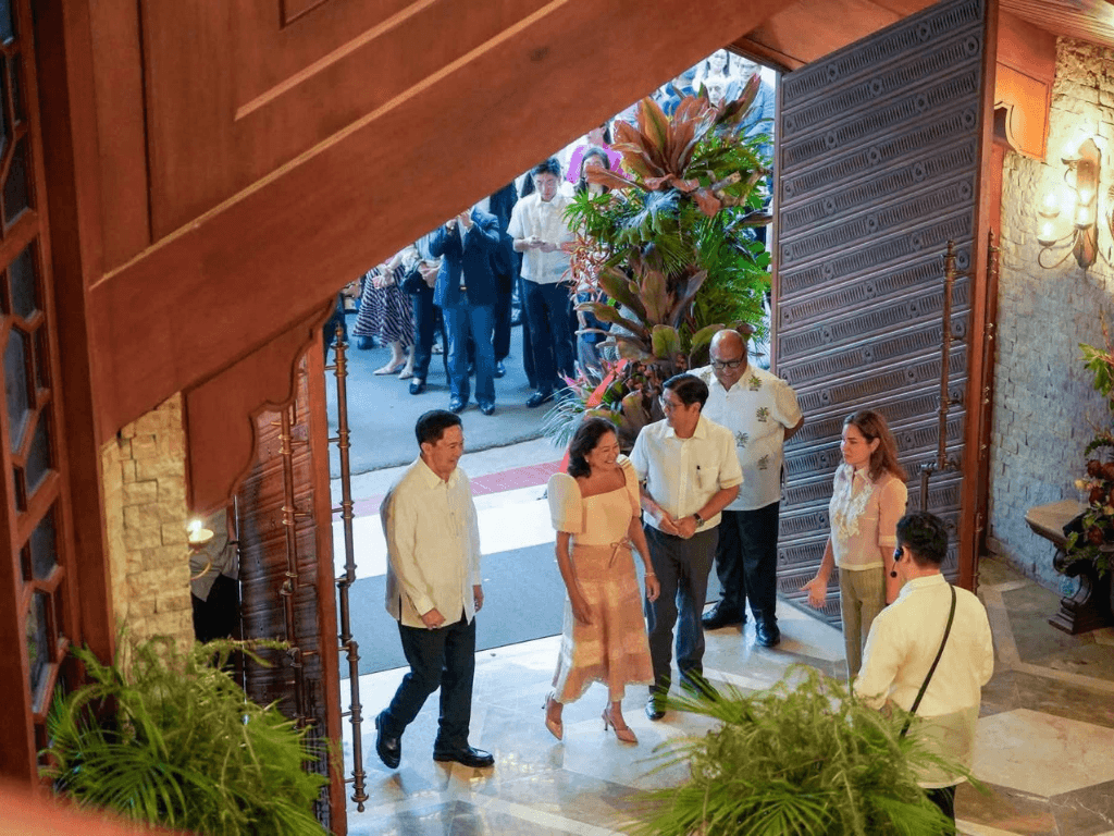 GSIS Chair Ricardo Blancaflor (left) and President and General Manager Jose Arnulfo &ldquo;Wick&rdquo; Veloso (right) welcome President Marcos and First Lady Liza Araneta-Marcos to the Coconut Palace during its reopening to the public on Aug. 25 2026. | Contributed photo
