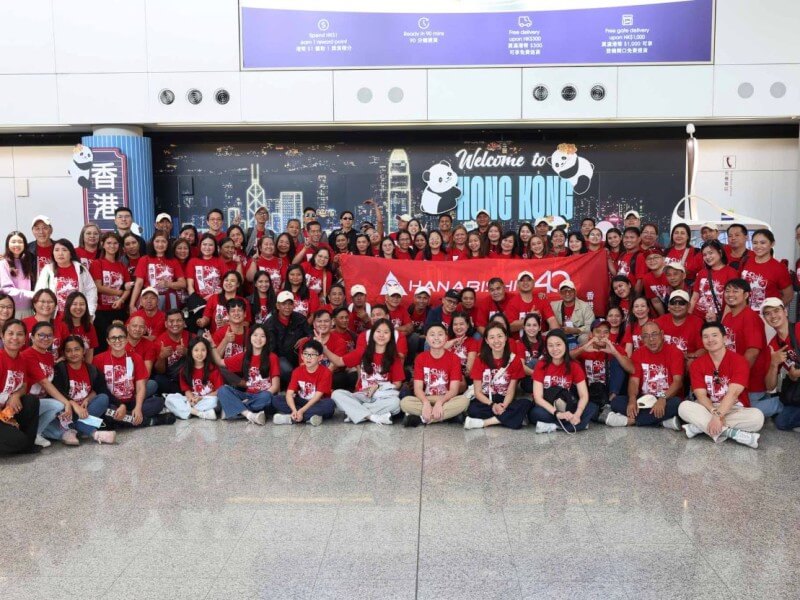 Hanabishi employees gather for a group photo upon arriving in Hong Kong as part of the Filipino appliance brand's 40th anniversary celebration. Around 90 longtime employees were treated to a four-day, all-expenses-paid trip in recognition of their years of service and loyalty. | Contributed photo