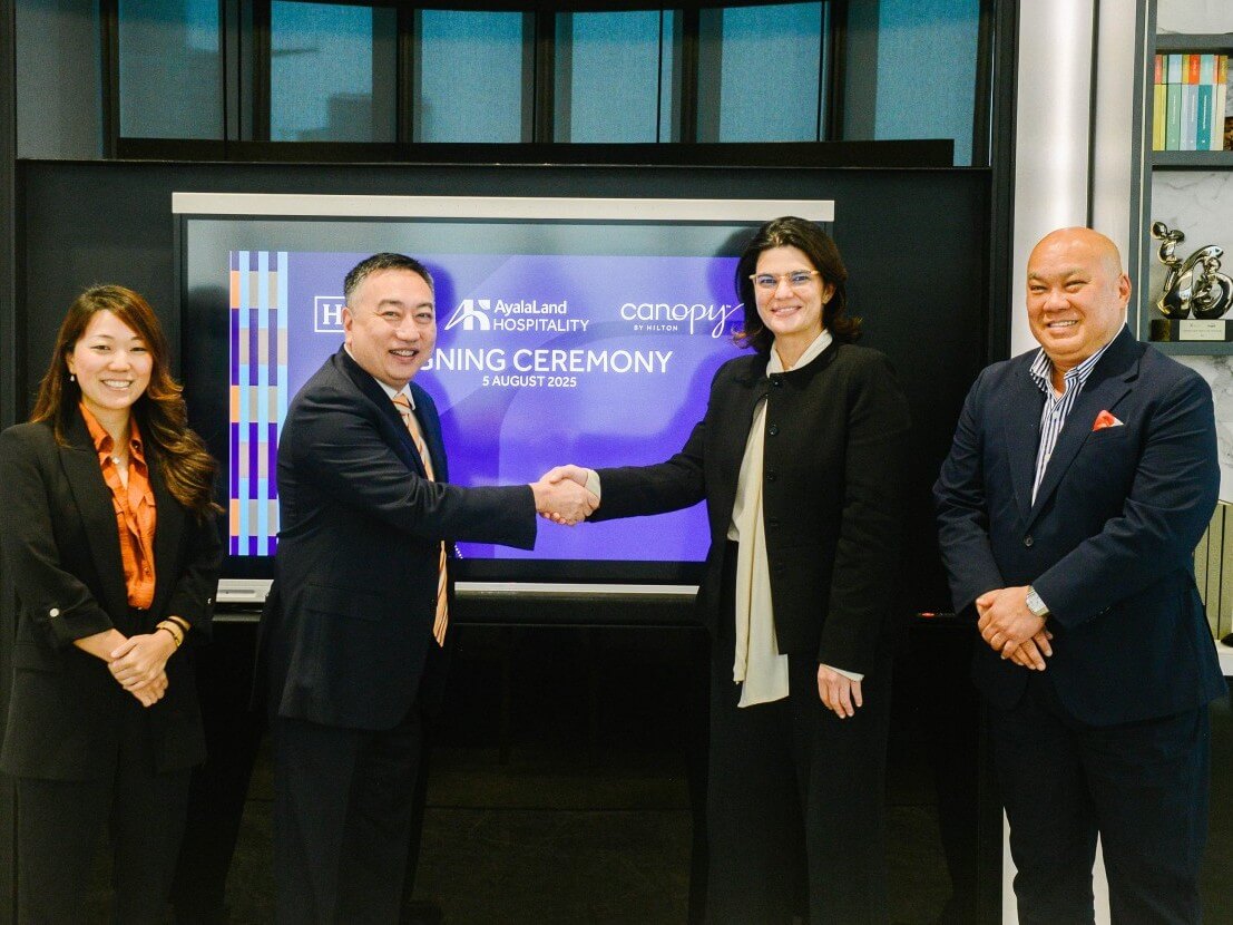 Maria Ariizumi, vice president, Development, South East Asia, Hilton; Clarence Tan, senior vice president, Development, AsiaPacific; Mariana Zobel de Ayala – senior vice president, leasing and hospitality, Ayala Land Inc.; and George Aquino – president and CEO, Ayala Land Hospitality./ Contributed photo