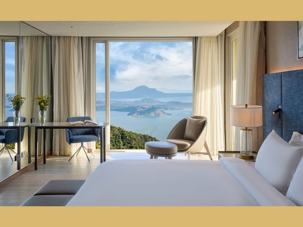 The Presidential Villa features a spacious 36.7-square meter living area for relaxation and intimate gatherings, while the King Bedroom offers breathtaking views of Taal Lake. &nbsp;| Contributed photo