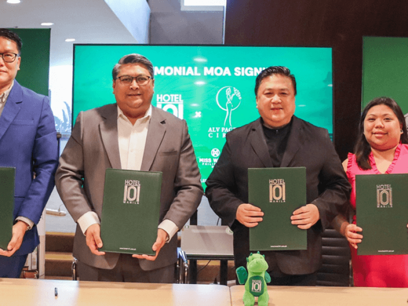 From left to right, Hotel101 Group head of Public Relations Brian Ong, Hotel101 Group general manager Charley Magabo, ALV Pageant Circle owner and president Arnold Vegafria, and ALV Pageant Circle head Krishna Balsarza during the signing of the partnership naming Hotel101-Manila as the official residence of the Miss World Philippines and Mr. World Philippines candidates. | Contributed photo&nbsp; (Click to view full image)