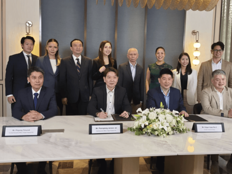 Hotel101 Global and Origin Property teams led by Hotel101 Global Founder Mr.Edgar &ldquo;Injap&rdquo; Sia II and Executive Chairman Mr. Rodolfo &ldquo;Pong&rdquo; Ponferrada,together with Origin Property PCL CEO Mr. Peerapong Jaroon-ek and Co-CEO Mr.Pitipong Trinuruk, during the signing ceremony for Hotel101-Bangkok held at OriginProperty&rsquo;s Headquarters in Bangkok, Thailand