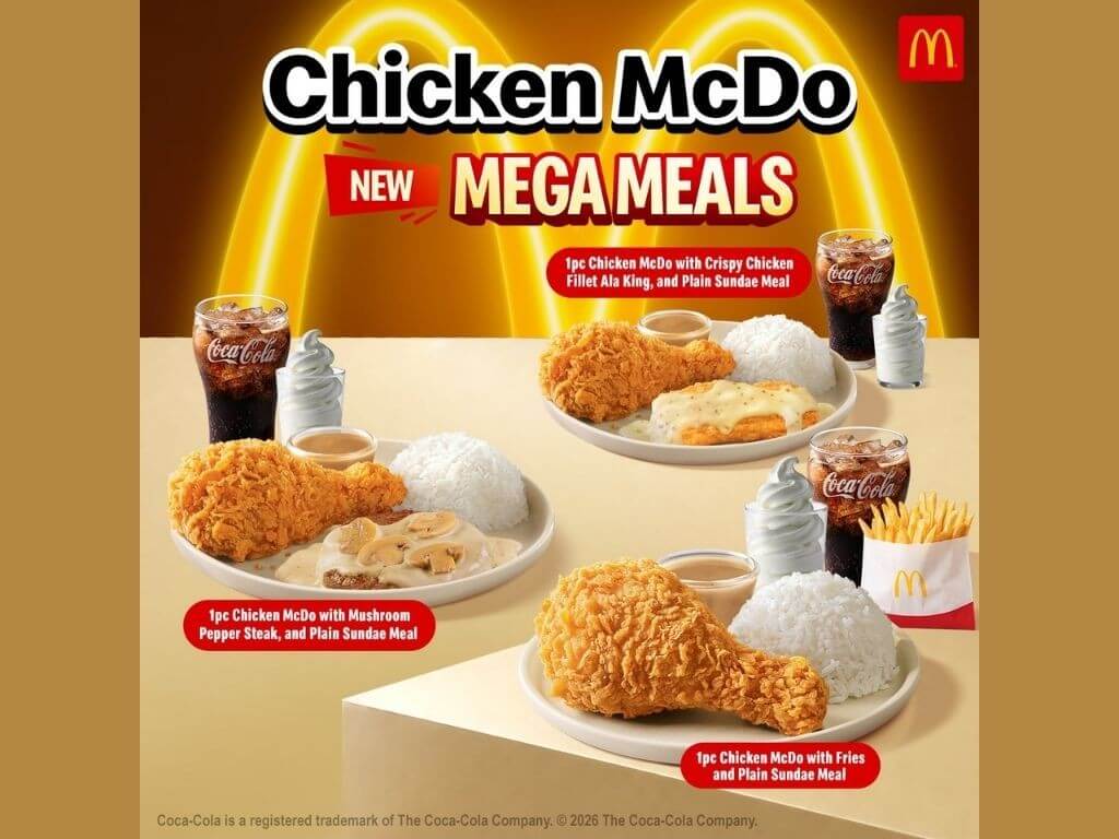 For just P158, customers can get a Chicken McDo meal with chicken fillet, rice and a drink. They can also choose a Mushroom Pepper Steak option, making the meal suitable for customers looking for more protein. McDonald&rsquo;s recently launched its Mega Meals, which combine two protein items with a plain sundae for dessert. Starting Sept. 14, the Mega Meals will also be available with a Taro Custard Pie. | Contributed photo