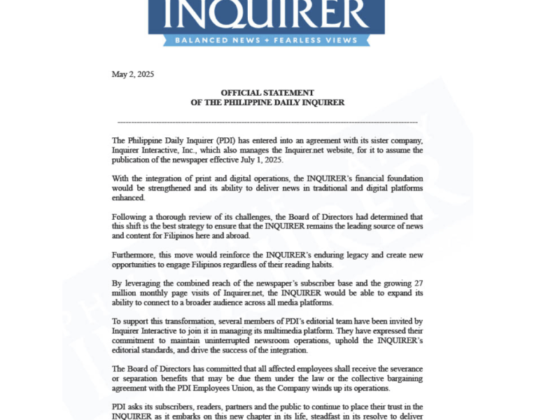 Full statement shared on social media by PDI associate publisher Juliet Labog-Javellana. 