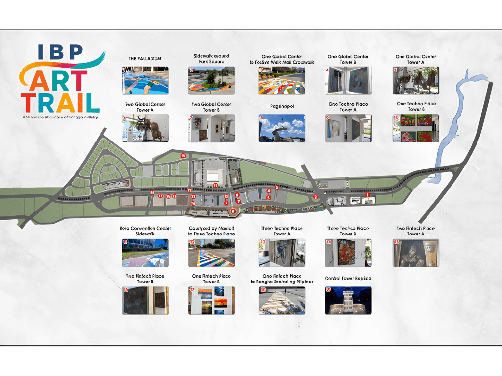 A map showing the various attractions of Megaworld's Iloilo Business Park Art Trail. The exhibits, including those in &nbsp;various office building lobbies, are open to the public and the art works made by local artists are available for purchase.