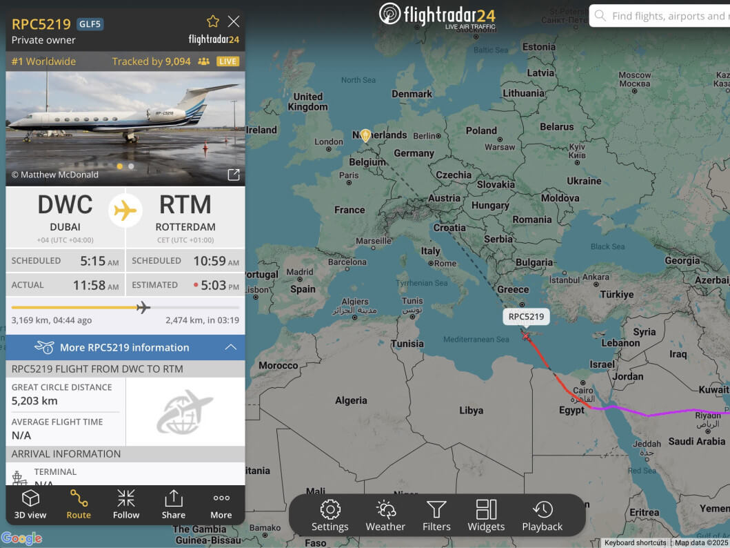 A screenshot of Flightrader24's track of the aircraft in question, RP-C5219. Since it departed Manila the flight carrying former President Duterte to his International Criminal Court trial in The Netherlands has been the most tracked flight in the world on the popular aircraft tracking platform./Screenshot from Flightradar 24.