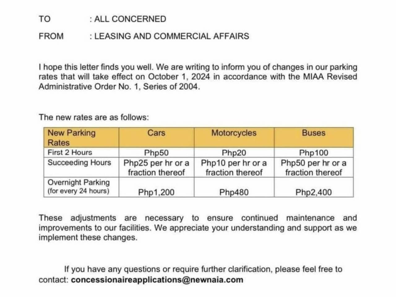 NAIA's new parking fee structure that was implemented on Tuesday. Officials explained that it will make parking easier for motorists with legitimate airport business./Contributed Photo