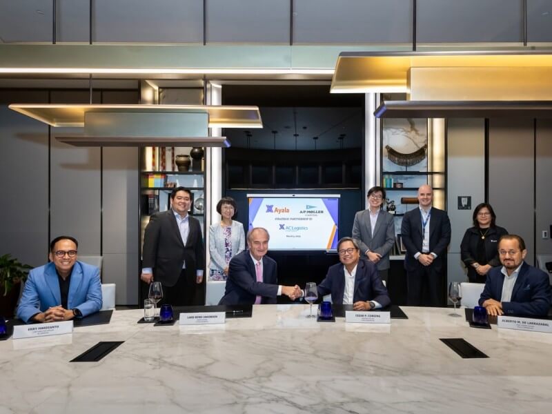 Ayala Corporation and Denmark-based A.P. Moller Capital have signed an agreement for A.P. Moller Capital to acquire a 40 percent stake in AC Logistics last March 5. Seated from left: AC Logistics president, CEO Erry Hardianto; Lars Jakobsen of A.P. Moller; Ayala Corp. president and CEO Cezar Consing; and Ayala chief finance officer Alberto De Larrazabal./Photo from A.P. Moller 