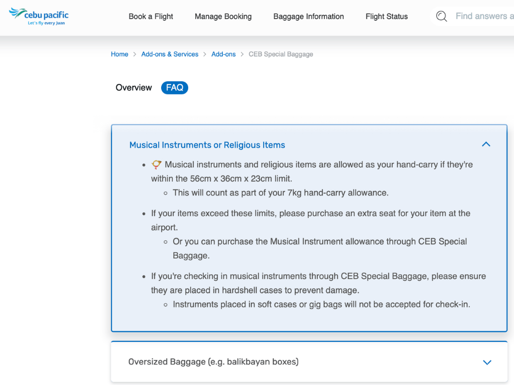 Cebu Pacific's booking website clearly states the rules for various types of baggage./Cebu Pacific website